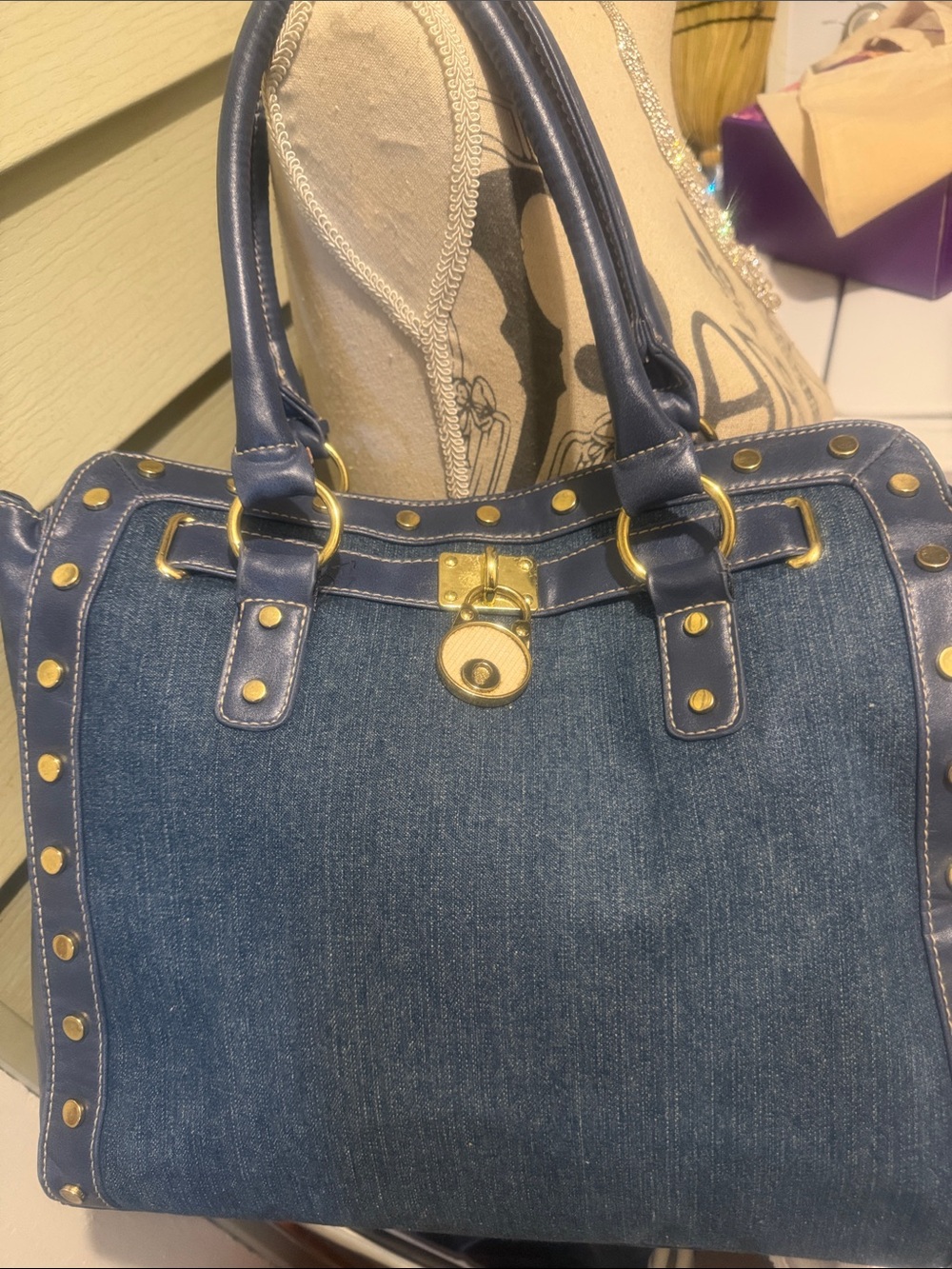 Denim Tote Bag with Gold Accent Hardware - Picture 4 of 8